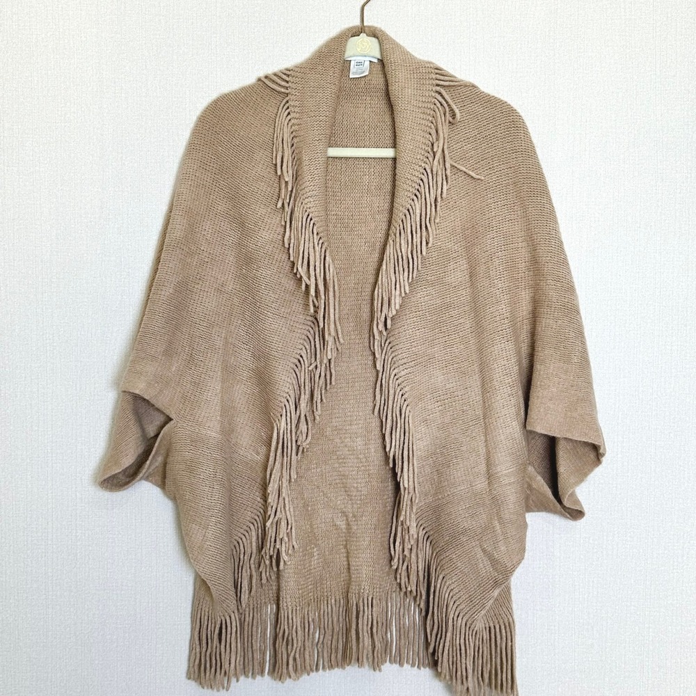 Fringe Cardigan Shawl Open Front Knit Poncho‎ Sweater One Size Plus Beige